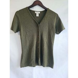 Cottagecore Vintage Express Tricot Olive Green Knit Button Front Top Size M